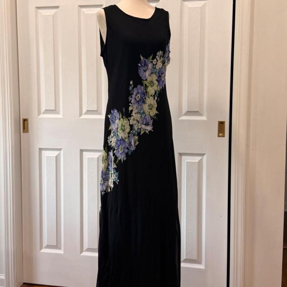 Vintage Women’s Y2K Beaded Floral Formal Black Dress Chiffon Size Large